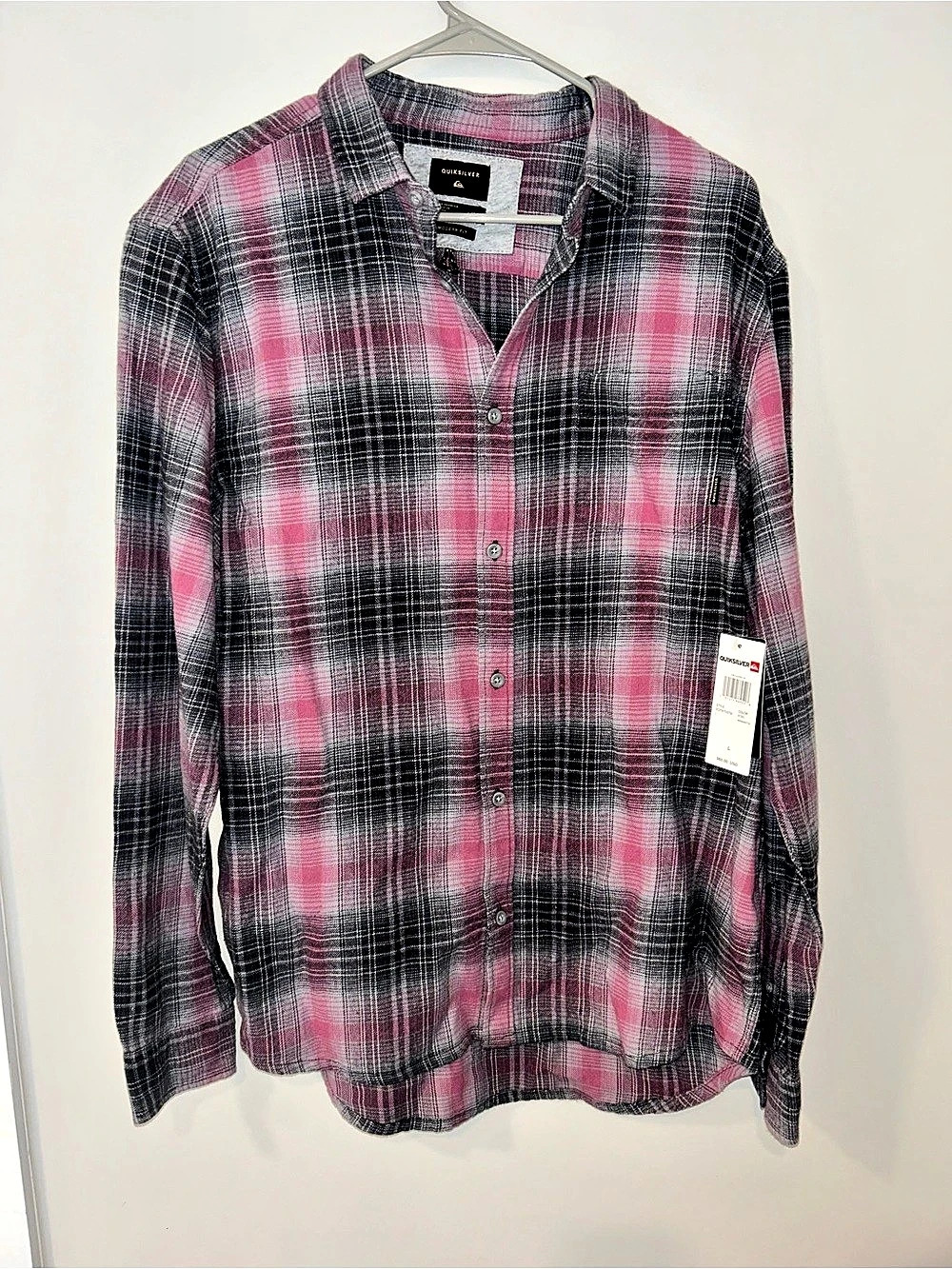 Quiksilver FatherFly Flannel Plaid Flannel Shirt in Pink & Black Large NWT